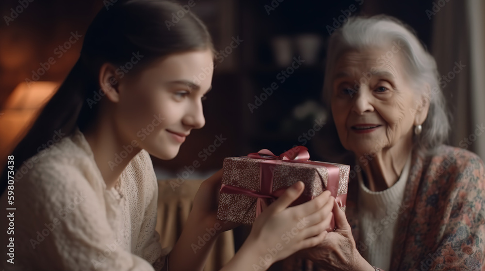 A young woman hands a gift to her grandmother - Generative AI A young woman hands a gift to her grandmother - Generative AI