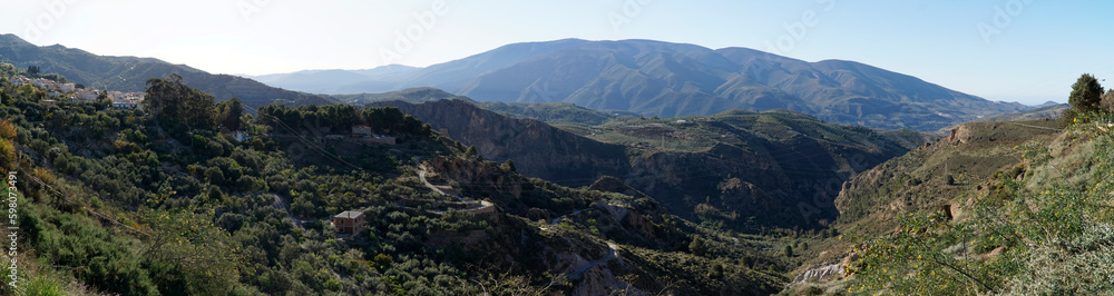 Panoramic view of mountain range in Lanjaron city, Andalusia, Spain