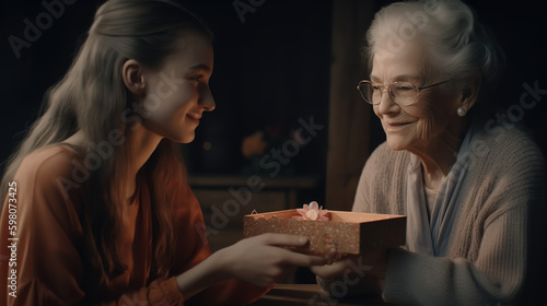 A young woman hands a gift to her grandmother - Generative AI