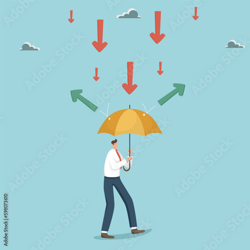 Secret weapon in the fight against economic collapse, curbing the fall of the stock and currency market, the impact of foreign economic factors on business, man with an umbrella confronts the crisis.