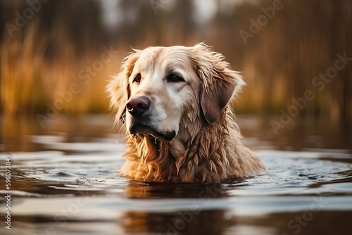 Dog on the lake. Golden Labrador retriever (Ai generated) © thesweetsheep