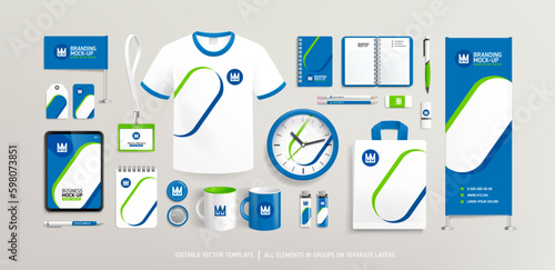 Promotional souvenirs with abstract blue and green Brand Identity design concept. Stationery mock-up template. Brand presentation mock-up. Promotion AD vertical banner design. Editable vector 
