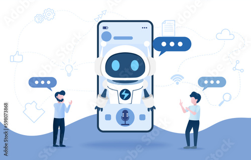 Artificial intelligence conversation network concept. AI system communicate with human natural language. Processing and analyze, learn data and provide intelligent. Flat vector illustration.