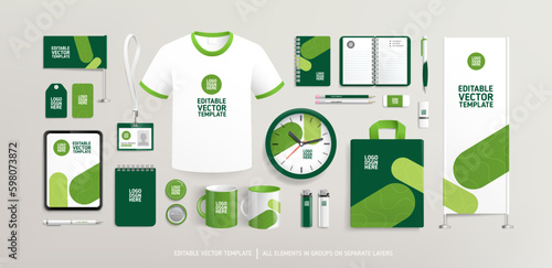 Promotional souvenirs with abstract vegetal Brand Identity design concept on stationery. Stationery mock-up template. Brand presentation mock-up. Promotion AD vertical banner design. Editable vector 
