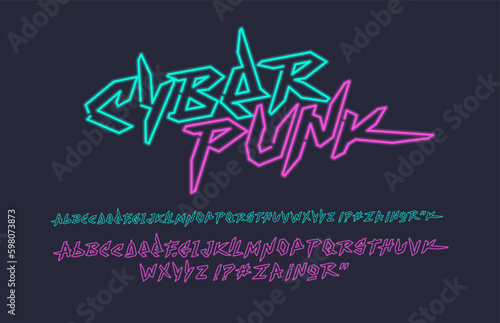 Vector Retro futuristic Cyberpunk type font in 90s style with neon light style alphabet concept. Retro Futuristic Neon lettering set. Pop Culture 90s font. Vintage type font