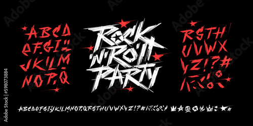 Rock'n'roll Party vintage style grunge type font alphabet with signs and symbols vector template. Street Art grunge type font. Punk Rock style elements collection for tee print and textile design
