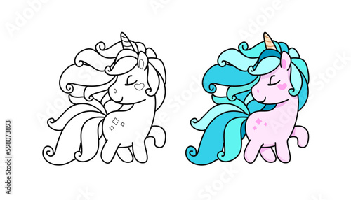 Cute Pony Unicorn vector coloring page template. Coloring Pink Baby Unicorn with Blue hair cartoon illustration. Funny Baby Pony for kids print design on tee shirt or pajamas and coloring book