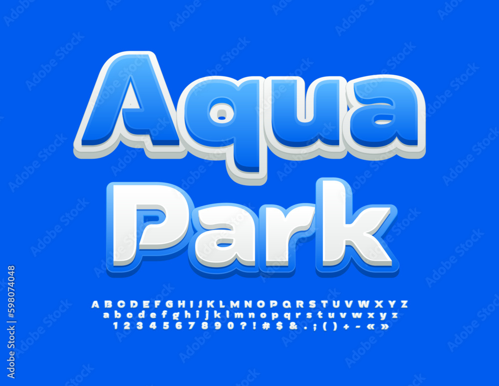 Vector bright banner Aqua Park. White and Blue bright Font. Creative Alphabet Letters and Numbers