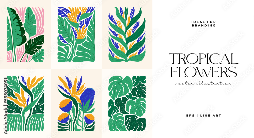 Floral abstract elements. Tropical Botanical composition. Modern trendy Matisse minimal style. Floral poster, invite. Vector arrangements for greeting card or invitation design