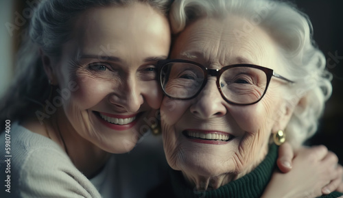 Sunshiny mature daughter and her elderly mom grinning broadly into the camera while embracing and enjoying a happy family moment spent together - Generative AI