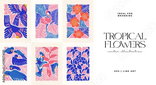 Floral abstract elements. Tropical Botanical composition. Modern trendy Matisse minimal style. Floral poster, invite. Vector arrangements for greeting card or invitation design