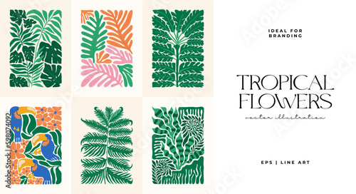 Floral abstract elements. Tropical Botanical composition. Modern trendy Matisse minimal style. Floral poster, invite. Vector arrangements for greeting card or invitation design