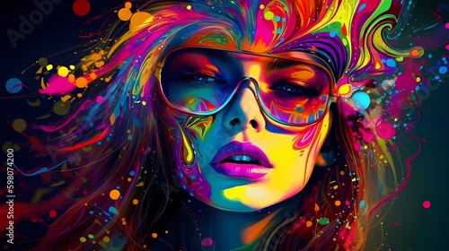 Fototapeta na wymiar Kaleidoscope Vision: A Generative AI Creation of a Psychedelic Trance-Inspired Woman, Colors Bursting and Surrounding Her