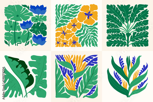 Floral abstract elements. Tropical Botanical composition. Modern trendy Matisse minimal style. Floral poster, invite. Vector arrangements for greeting card or invitation design