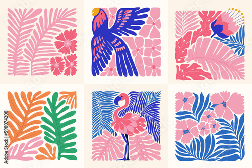 Floral abstract elements. Tropical Botanical composition. Modern trendy Matisse minimal style. Floral poster, invite. Vector arrangements for greeting card or invitation design
