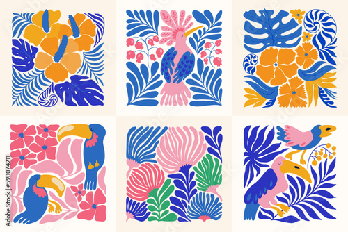 Floral abstract elements. Tropical Botanical composition. Modern trendy Matisse minimal style. Floral poster, invite. Vector arrangements for greeting card or invitation design