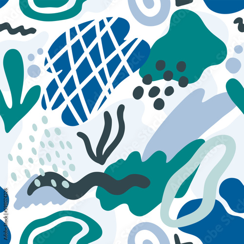 Abstract modern shapes seamless pattern marine blue turquoise colors