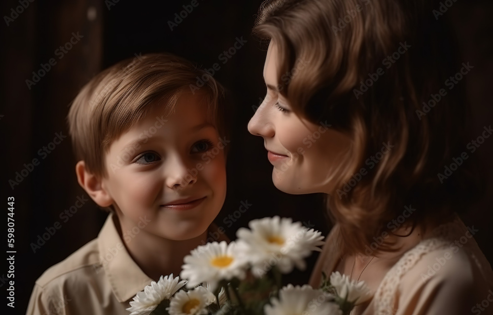 Mom holding flowers and having a conversation with son at home - Generative AI Mom holding flowers and having a conversation with son at home - Generative AI