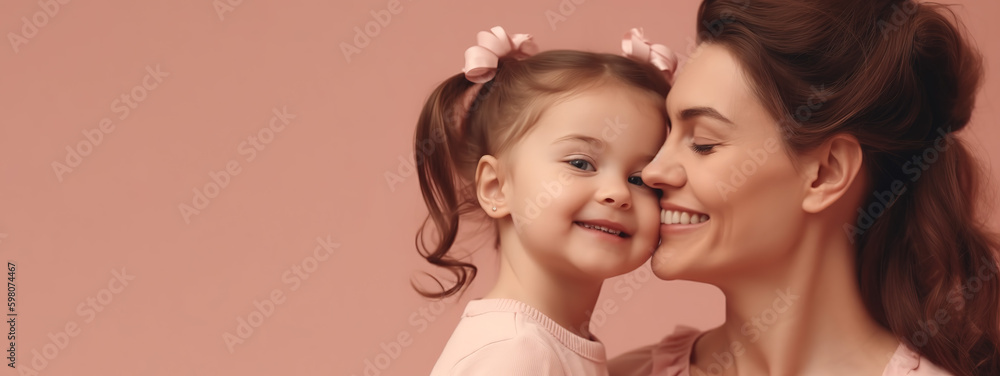 Mother and child smiling outdoors in front of a pink background - Generative AI Mother and child smiling outdoors in front of a pink background - Generative AI
