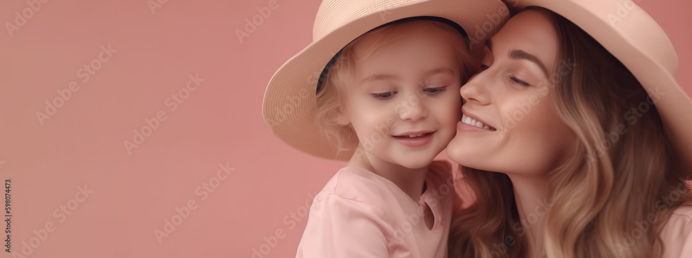 Mother and child smiling outdoors in front of a pink background - Generative AI Mother and child smiling outdoors in front of a pink background - Generative AI