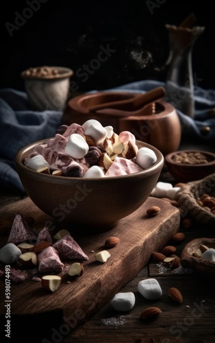 Rocky Road Ice Cream with Marshmallows and Almonds. Generative AI.