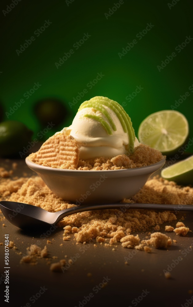 Key Lime Pie Ice Cream with Graham Cracker Crumbs and Lime Swirl. Generative AI.