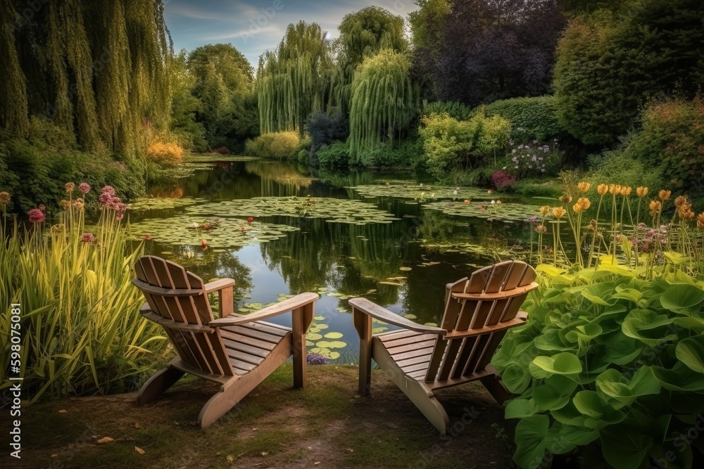 Fototapeta premium picnic in the garden, chair and pond
