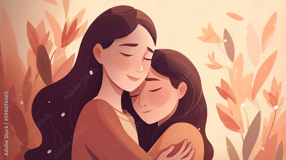 Mother's Day Concept - illustration of mom and daughter hugging each other with copy space - Generative AI