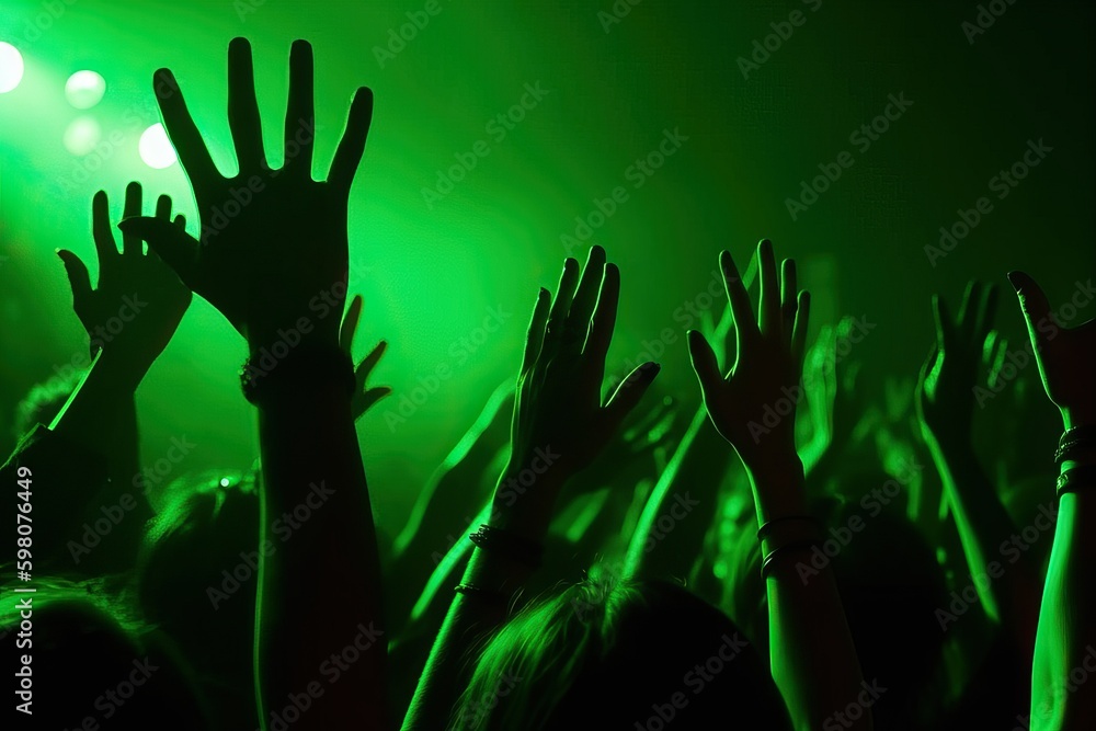 Night club party crowd hands up. Green Light (Ai generated)