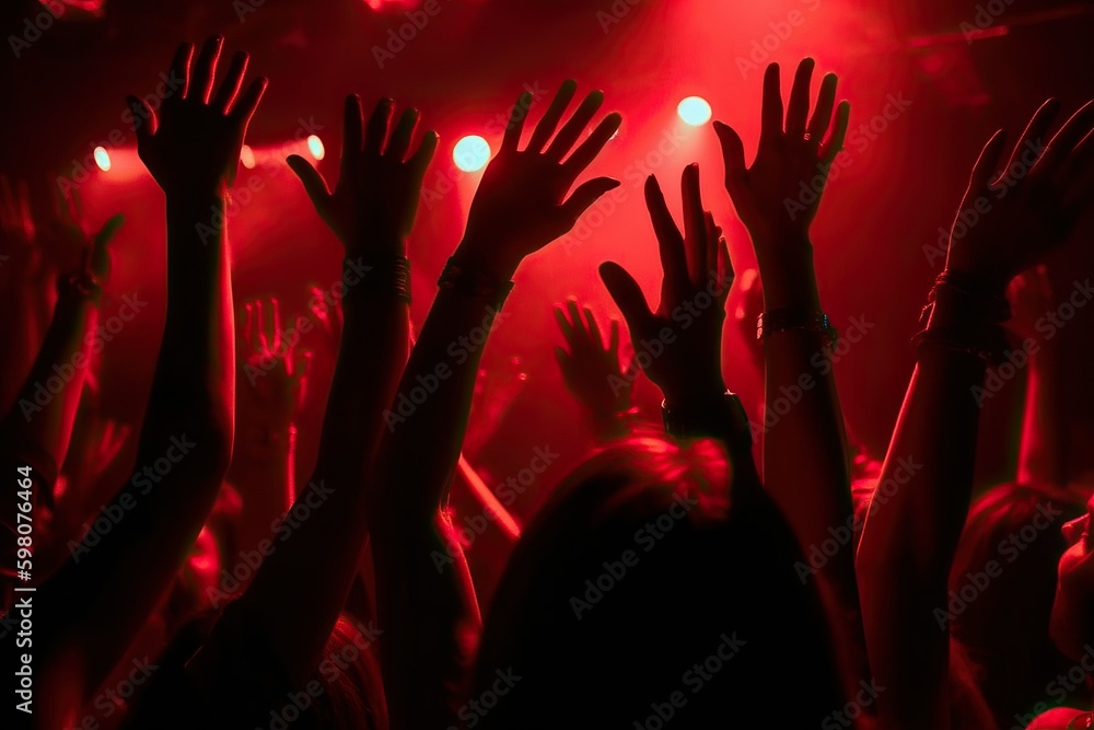 Night club party crowd hands up. Red Light (Ai generated)