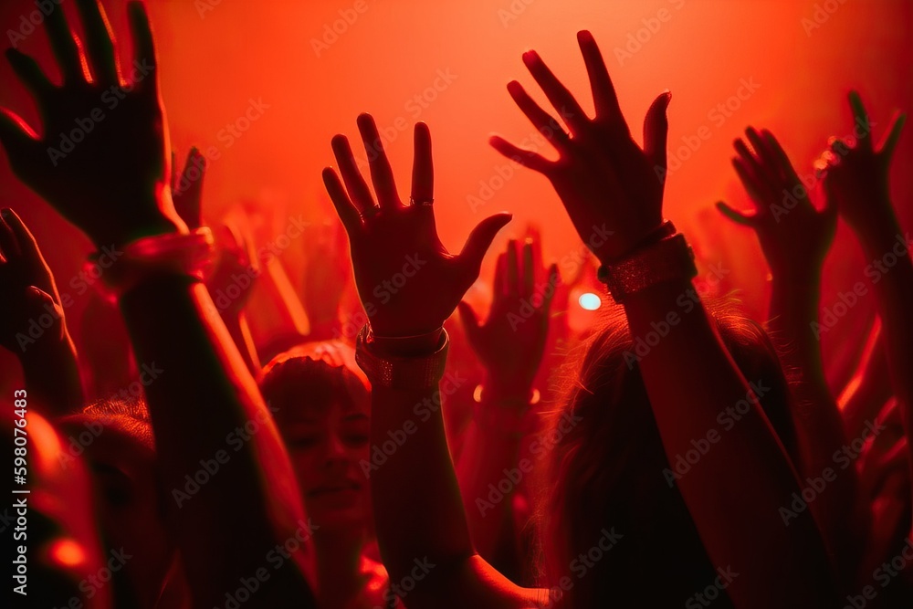 Night club party crowd hands up. Red Light (Ai generated)