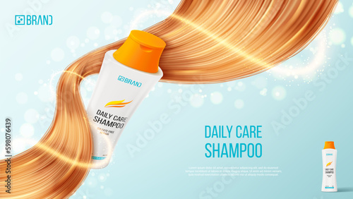 Ad banner of hair shampoo or conditioner. 3d vector illustration of cosmetic product. Realistic bottle and hair strands for promotion of female shampoo. Beauty product advertising.