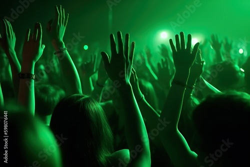 Night club party crowd hands up. Green Light (Ai generated)