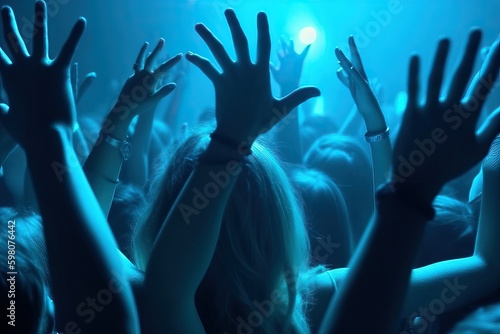 Night club party crowd hands up. Blue Light (Ai generated)