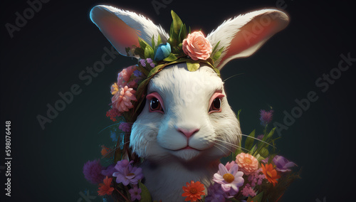 The cute white rabbit with flowers around it - Generative AI
