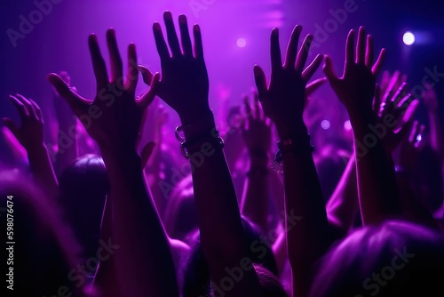 Night club party crowd hands up. Purple Light (Ai generated)