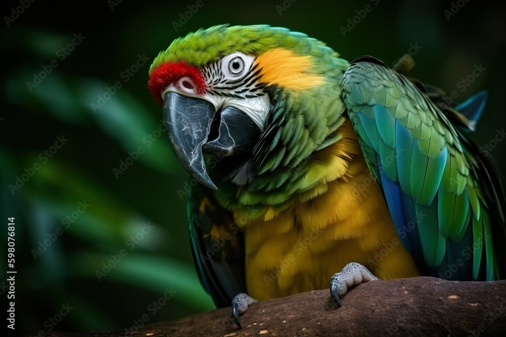 Green parrot. Great-Green Macaw Ara ambigua. Wild rare bird (Ai generated)