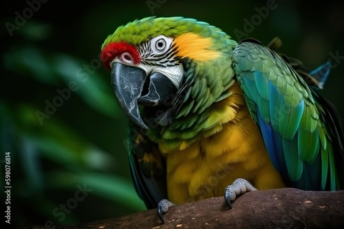 Green parrot. Great-Green Macaw Ara ambigua. Wild rare bird (Ai generated)