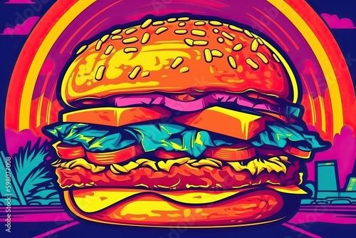 Hamburger  fast food pop art collage style in neon bold color  Ai generated 