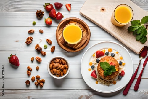 Fresh and healthy breakfast bowl with muesli, strawberry salad, fruits, nuts, and orange juice on white background. A perfect start to a healthy day. Generated by AI.