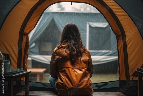 Woman sitting in tent while raining, camping (Ai generated) photo