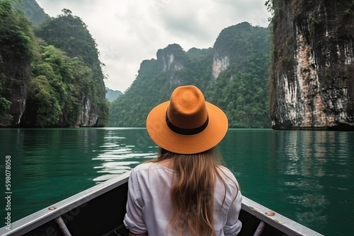 Woman traveler on boat in nature majestic sea view (Ai generated) © thesweetsheep