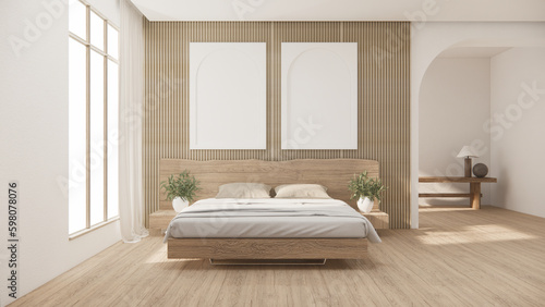Bedroom japanese minimal style. Modern white wall and wooden floor  room minimalist. 3D rendering