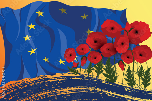 poppy flowers field and  flag of the european EU Europe  union waving on the background