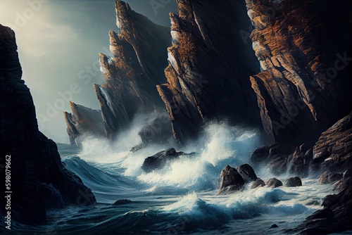craggy cliff face, with waves crashing into the rocky shoreline, created with generative ai