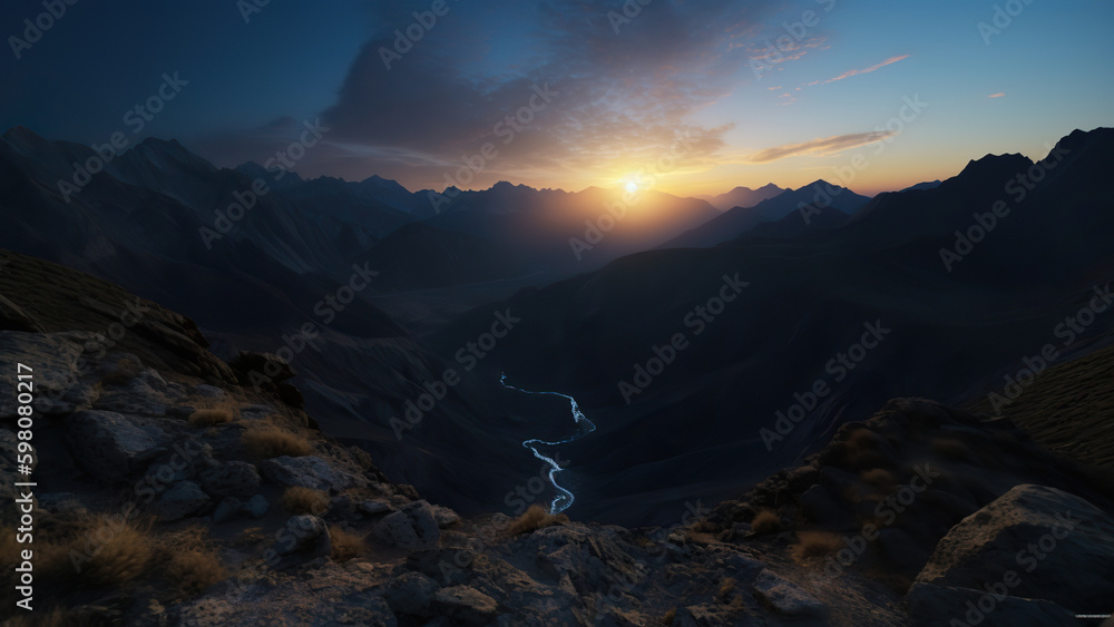 The river between the mountains on the background of the sunset