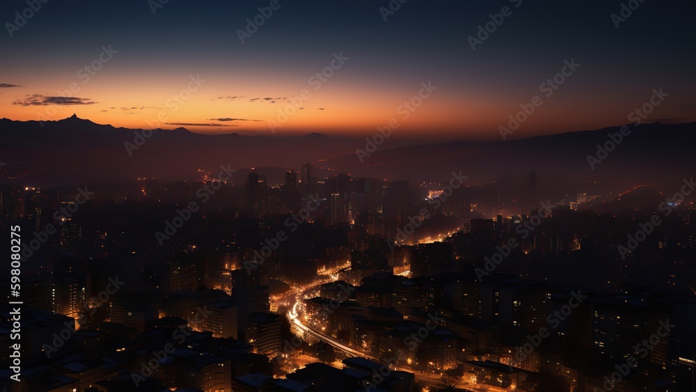A beautiful city at sunset in which lanterns are burning
