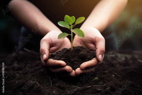 hands holding seedling on white background,ecology concept generative ai