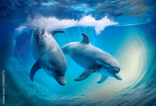 Two dolphins swim in the sea in the sun. AI Generated