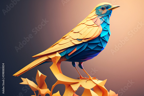Paper craft of Ukrainian symbol Nightingale bird in yellow-blue colors. Generative AI